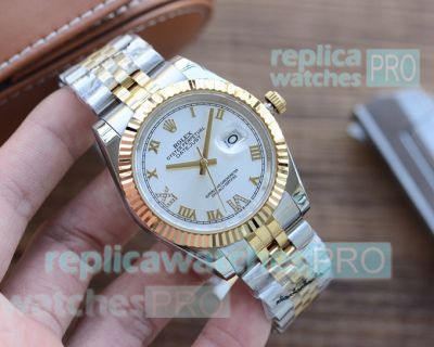 Copy Rolex Datejust White Roman Dial Two Tone Jubilee Watch 40MM